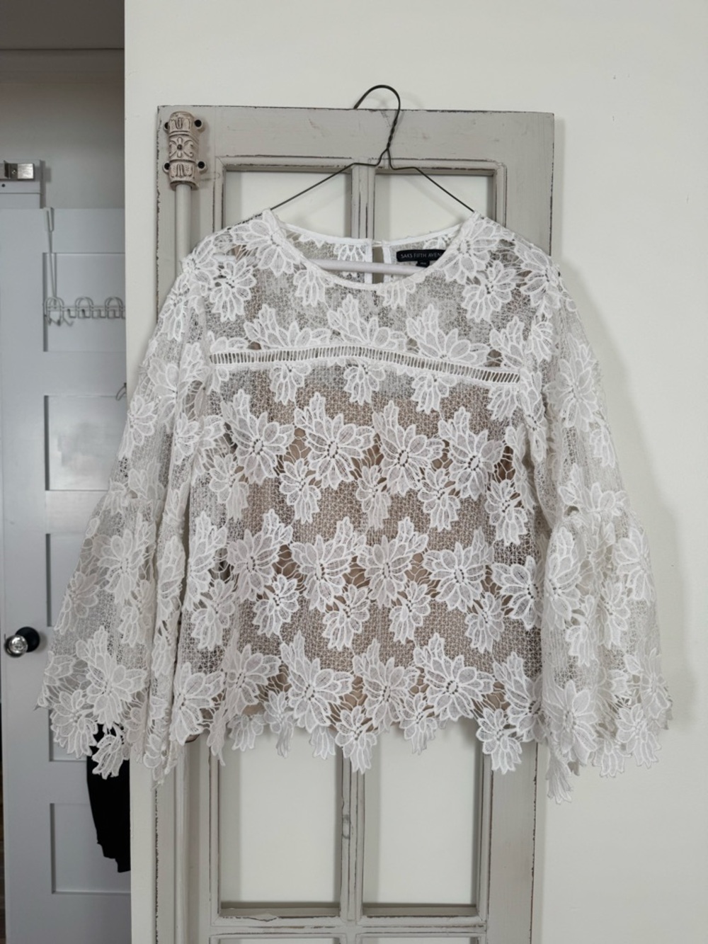Saks Fifth Avenue White Floral Lace Bell-Sleeve Blouse